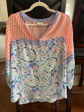 CB casual Coral and Blue Mixed-Print V-Neck Blouse